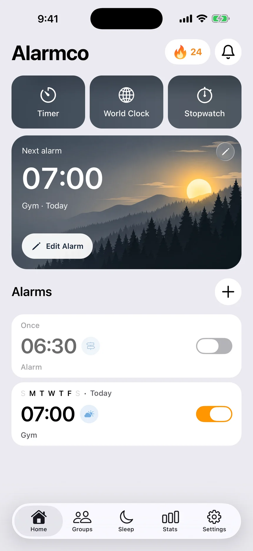 Alarmco's Home screen with the next alarms